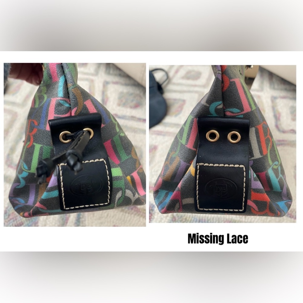 Dooney & Bourke Multicolor DB Monogram Drawstring Bag Canvas Leather Trim Y2K - Picture 11 of 14